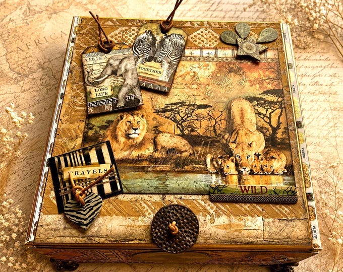 Safari Wildlife Decorated Cigar Box – Handmade Savana Keepsake Storage Box – African Animals, Lion, Elephant, Giraffe – Free Shipping in US