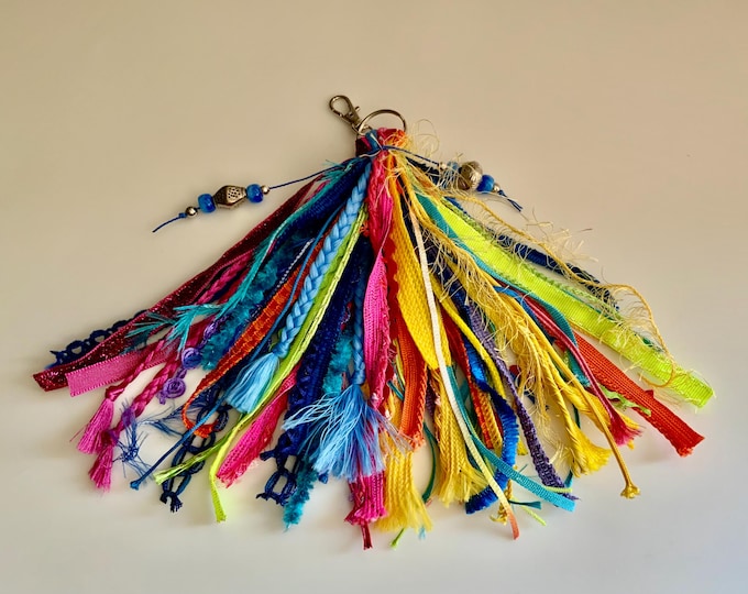 Colorful Mixed Fiber Tassel with Blue & Silver Beads – Handmade Purse Charm or Boho Keychain – Vibrant Fiber Art Gift