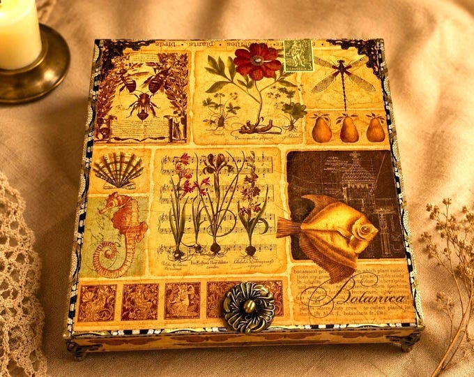 Coastal Botanical Keepsake, Seahorse Fish Jewelry Memory Box, Handmade Decorated Cigar Box