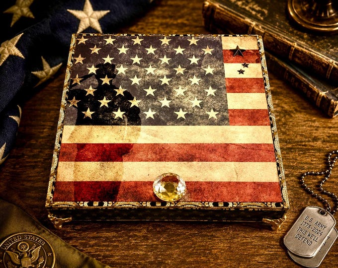 Patriotic Military Keepsake Box – 250th Anniversary American Flag Decorated Cigar Box – Veteran Gift