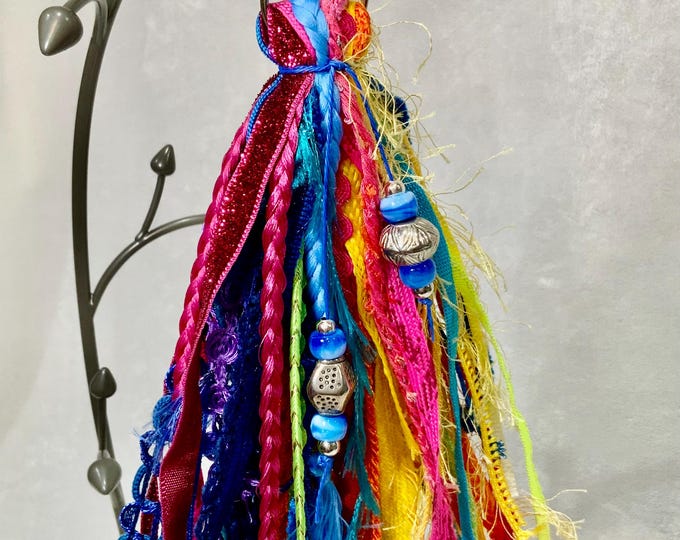 Colorful Mixed Fiber Tassel with Blue & Silver Beads – Handmade Purse Charm or Boho Keychain – Vibrant Fiber Art Gift, Free Shipping