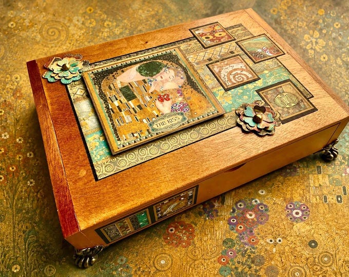 Gustav Klimt “The Kiss” Keepsake Box – Art Nouveau Jewelry Storage – Handmade Gift - Decorated Cigar Box -  Free Shipping
