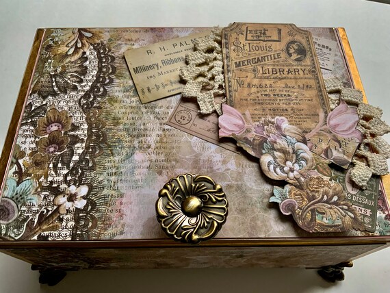 Vintage Sewing Decorated Cigar Box with Lace & Brass Knob – Shabby Chic Keepsake Box, Victorian Handmade Jewelry Box, Upcycled Gift