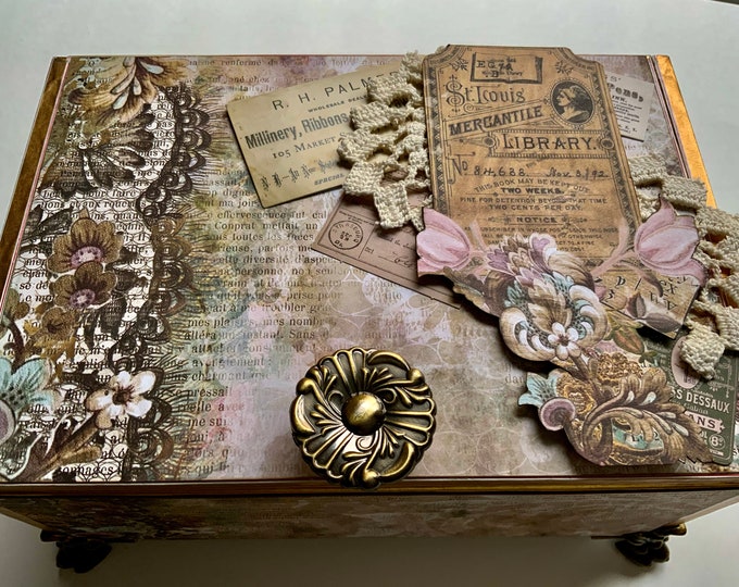 Vintage Sewing Decorated Cigar Box with Lace & Brass Knob – Shabby Chic Keepsake Box, Victorian Handmade Jewelry Box, Upcycled Gift
