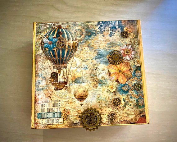 Steampunk Decorated Cigar Box – Upcycled Storage Box with Hot Air Balloon, Gears & Floral Art – Vintage Steampunk Jewelry or Keepsake Box