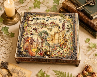 Enchanted Forest Keepsake Storage– Fairy Tale Castle, Knights, Fairies & Dragon - Decorated Upcycled Cigar Box