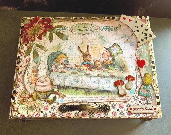 Alice in Wonderland Keepsake Cigar Box, Mad Hatter Jewelry Box, Upcycled Tea Party Storage, Whimsical Handmade Gift