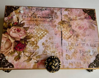 Mothers Day Gift Box~Pink Roses Decorated Wooden Cigar Box~One of a Kind Gift~Floral Art Box~Music and Roses Jewelry Box~Embellished Box