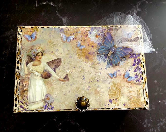 Butterfly Fairy Decorated Cigar Box – Pastel Fantasy Storage with Pegasus, Crystal Knob & 3D Butterflies – Handmade Whimsical Gift Box