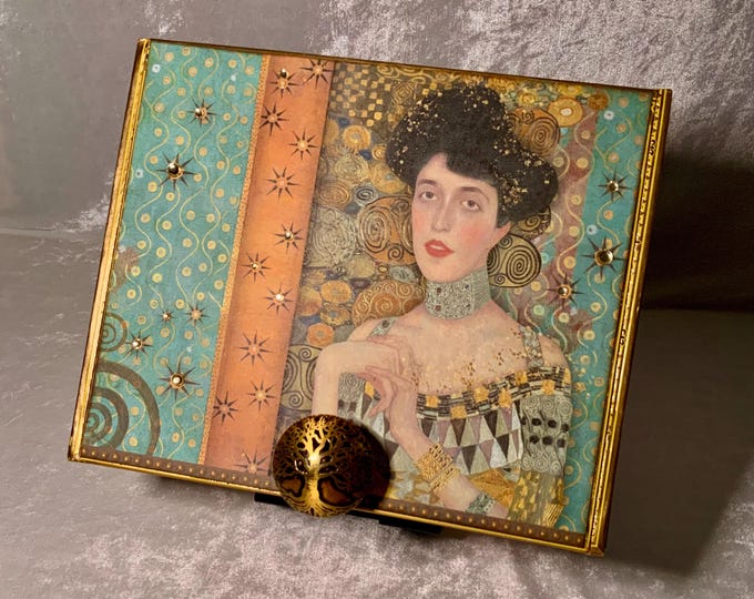 Gustav Klimt Art Box – Upcycled Cigar Box with Tree of Life & Vintage Portrait – Decorative Jewelry or Keepsake Storage - Lady in Gold Box