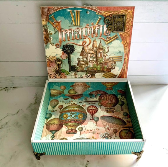 Decorated Cigar Box, Jewelry Box, Dresser Box, Retirement Gift, Repurposed Cigar Box, Graduation Gift Box, Hot Air Balloons Decorated Box