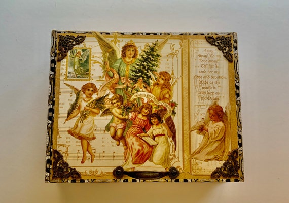 Vintage Christmas Decorated Cigar Box, Christmas Card Box, Angel Christmas Decor, Repurposed Cigar Box, Embellished Box, Upcycled Cigar Box