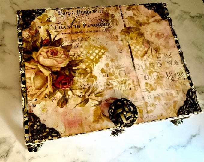 Floral Butterfly Decorated Cigar Box – Romantic Roses Shabby Chic, Jewelry Keepsake Box, Music Script