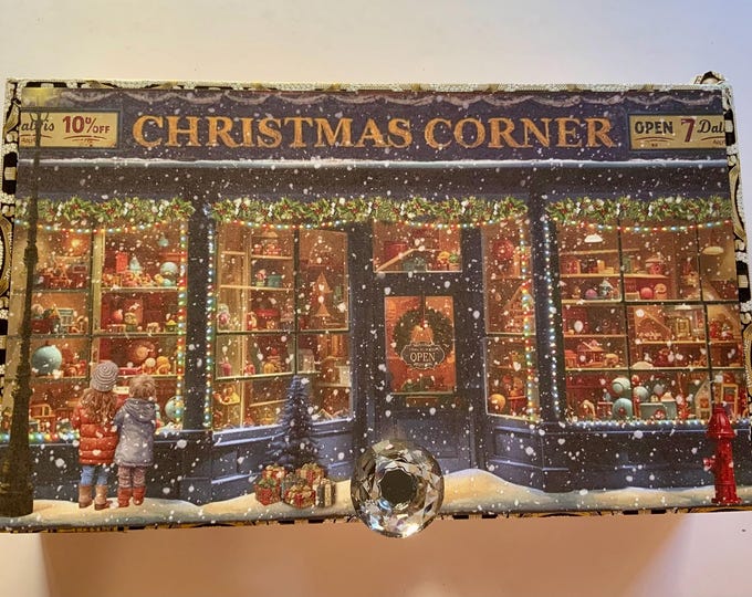 Christmas Corner Toy Shop Decorated Cigar Box – 10x6x2” Vintage Storefront with Glitter Snow Accents