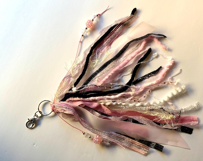 Pink Black Ribbon Tassel Keychain with Beads – Boho Bag Charm