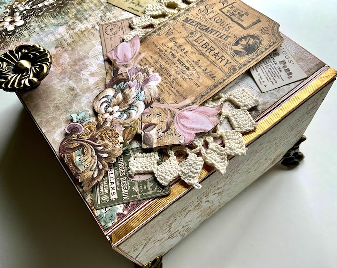 Vintage Sewing Decorated Cigar Box – Shabby Chic Keepsake, Victorian Handmade Jewelry Box