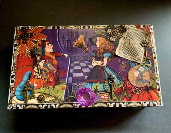 Hallowe’en in Wonderland Decorated Cigar Box – Steampunk Alice Gothic Storage Box with Keys, Gears & Purple Crystal Knob, Altered Cigar Box