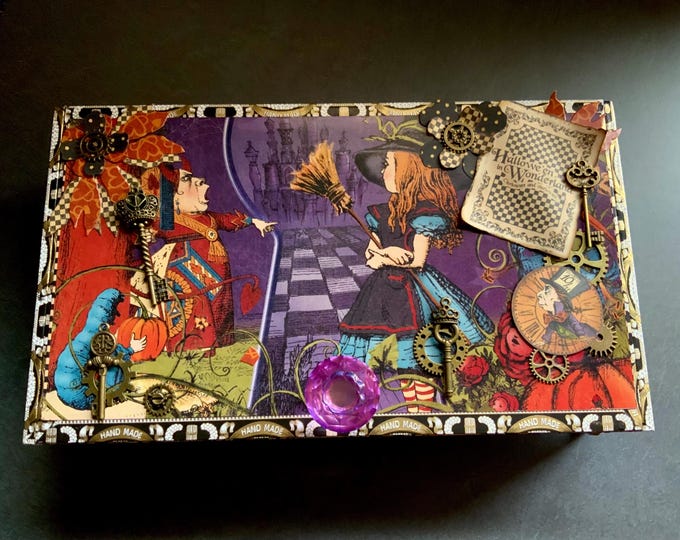 Hallowe’en in Wonderland Decorated Cigar Box – Steampunk Alice Gothic Storage Box with Keys, Gears & Purple Crystal Knob, Altered Cigar Box