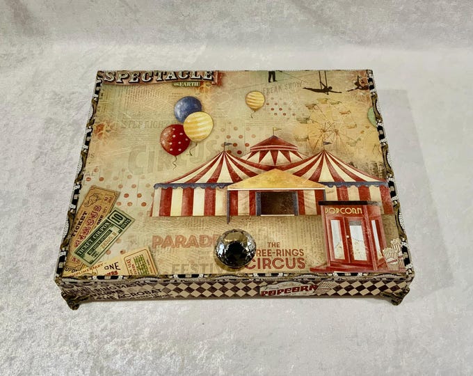 Vintage Circus Keepsake Box, Decorated Cigar Box, Ciao Bella Greatest Show on Earth, Carnival Trinket Box, Theater Gift Box