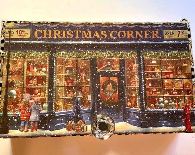 Christmas Corner Toy Shop Decorated Cigar Box – 10x6x2” Vintage Storefront with Glitter Snow Accents