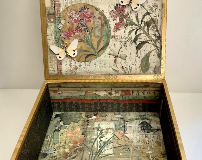 Elegant Asian Butterfly Keepsake Box – Vintage Decorated Cigar Box with Glass Knob & Botanical Art Asian Butterfly Decorated Cigar Box