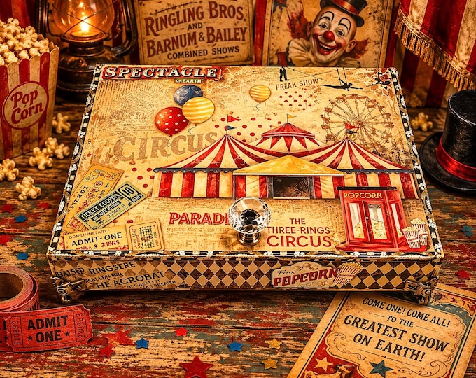 Vintage Circus Keepsake Box, Decorated Cigar Box, Ciao Bella Greatest Show on Earth, Carnival Trinket Box, Theater Gift Box