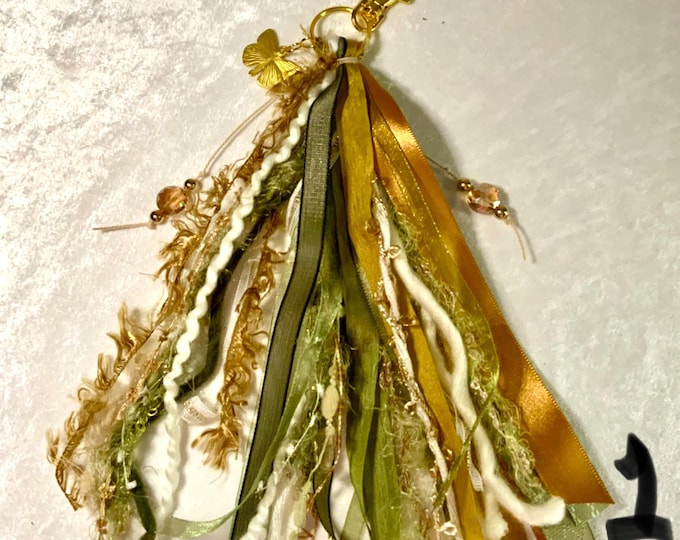 Handmade Sage Green Tassel Keychain: Mixed Fiber Purse Charm with Gold Leaf - Free Shipping