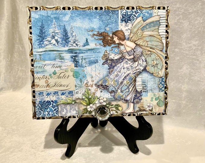 Winter Tales Fairy Keepsake, Blue Winter Decor, Gift for Mom. Upcycled Cigar Box