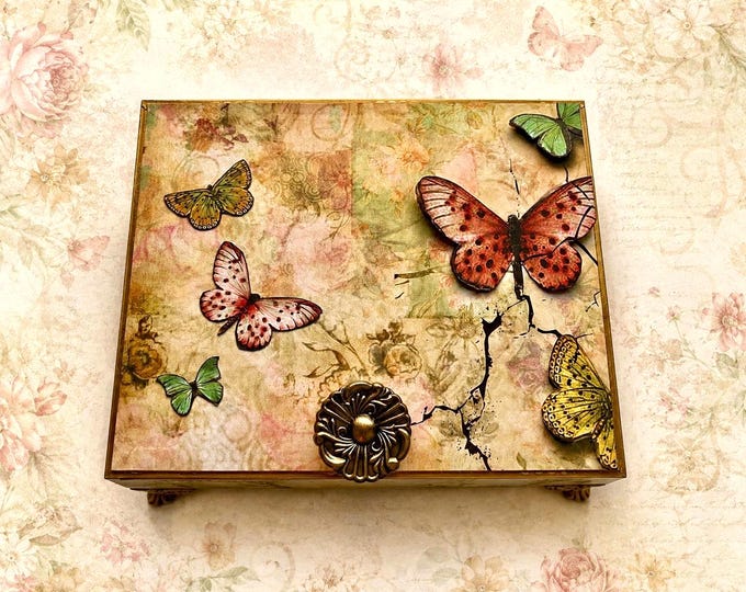 Butterfly Decorated Cigar Box - Romantic Decor - Jewelry Box - Garden Keepsake - Free Shipping