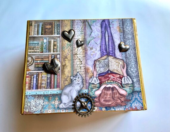 Whimsical Book Lover Decorated Cigar Box – Girl Reading with Cat & Steampunk Accents –Vintage Library Theme Jewelry Storage Box, Altered Box