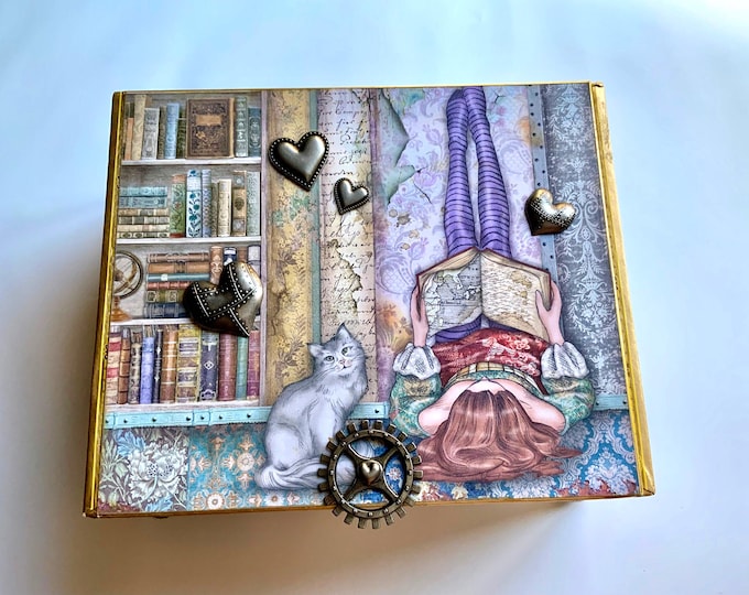 Whimsical Book Lover Decorated Cigar Box – Girl Reading with Cat & Steampunk Accents –Vintage Library Theme Jewelry Storage Box, Altered Box