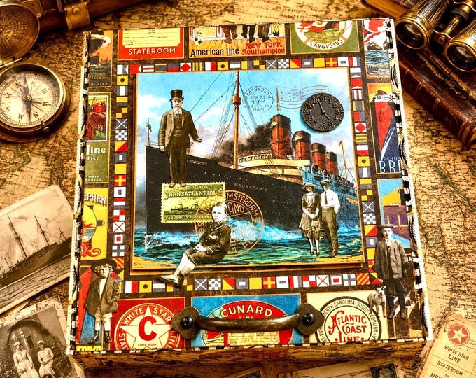 Transatlantic Decorated Cigar Box – Vintage Travel Theme, Collector’s Keepsake Box - Free Shipping