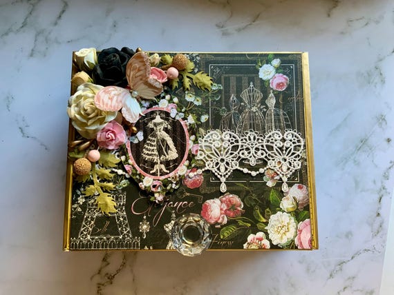 Elegant Upcycled Cigar Box – Vintage Parisian Keepsake Box with Lace, Florals & Butterfly – Decorative Jewelry or Trinket Storage Box