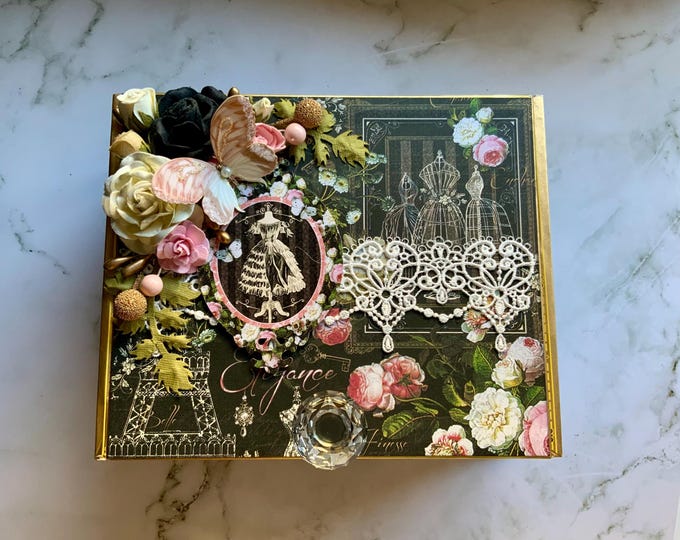 Parisian Chic Keepsake Box – Graphic 45 Elegance Jewelry Box with Lace & Glass Knob – Romantic Wedding Gift