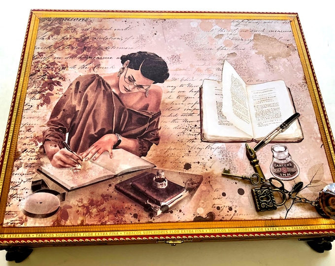 Writer’s Keepsake Box – Decorated Cigar Box with Vintage Author Theme, Typewriter, Books & Crystal Knob – Literary Gift Handmade, The Muse