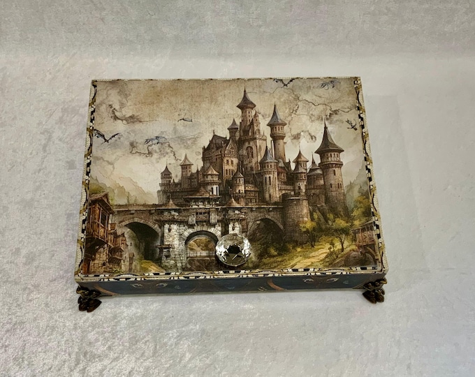 Fantasy Dragon Decorated Cigar Box, Medieval Castle Keepsake, Mystical Dragon Decor, Gothic Gift