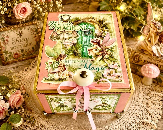 Fairy Cottage Keepsake Box – Handmade Decorated Cigar Box with Magical Fairies, Knob & Feet – Free Shipping