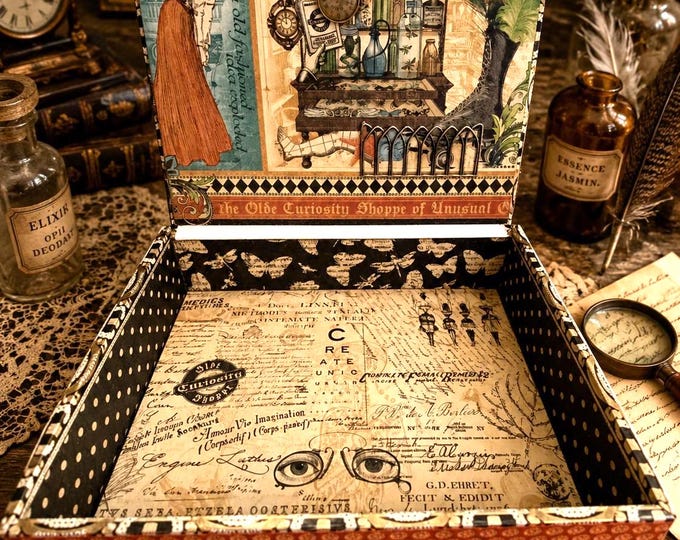 Olde Curiosity Shoppe Decorated Cigar Box - Vintage Style Keepsake Storage - Steampunk Jewelry Box - Free Shipping
