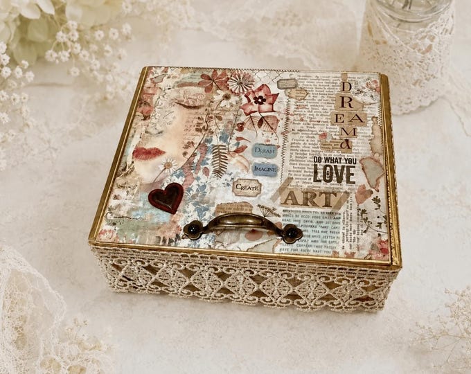 Dreamy Art-Inspired Decorated Cigar Box – Mixed Media Memory Box with Lace, Hearts & Vintage Collage - Free Shipping