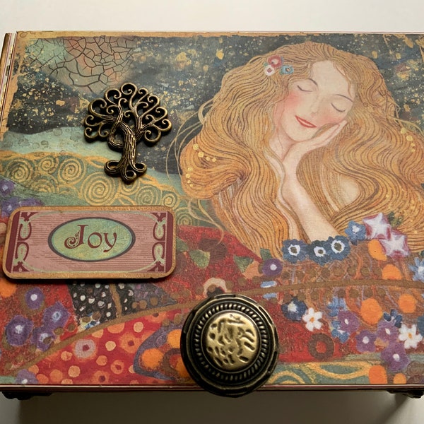 Klimt Decorated Cigar Box~JOY~Beethoven ‘Frieze’ Theme~Display Altered Box~Klimt Art Box~Repurposed Cigar Box~FREE Shipping