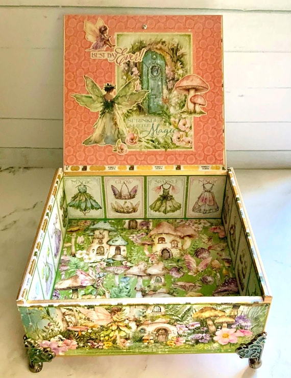 Fairy Cottage Decorated Cigar Box – Whimsical Jewelry Box with Vintage Fairies, Mushrooms & Sparkle, Fairy Boutique Trinket Box, Altered Box