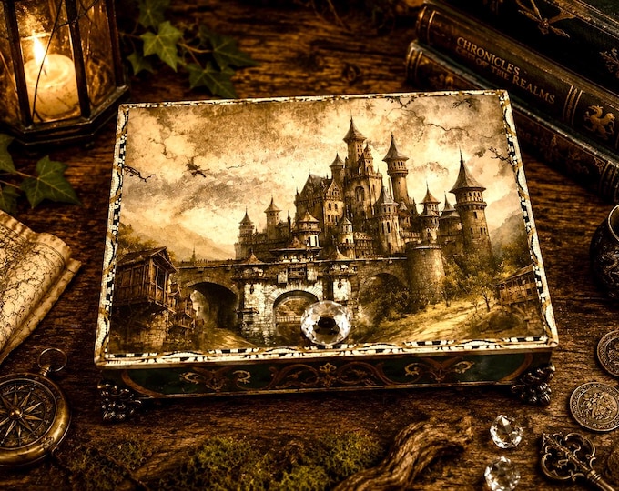 Fantasy Dragon Decorated Cigar Box, Medieval Castle Keepsake, Mystical Dragon Decor, Gothic Gift