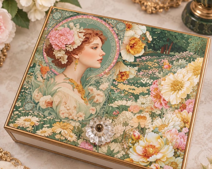 Art Nouveau Lady Keepsake Box – Ciao Bella Artemis Floral Garden – Vintage Inspired Jewelry Memory Box – Upcycled Cigar Box