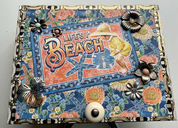 Life’s a Beach Decorated Cigar Box – Coastal Memory Box with Vintage Nautical Kids, Flowers & Metal Accents – Handmade Gift, Repurposed Box