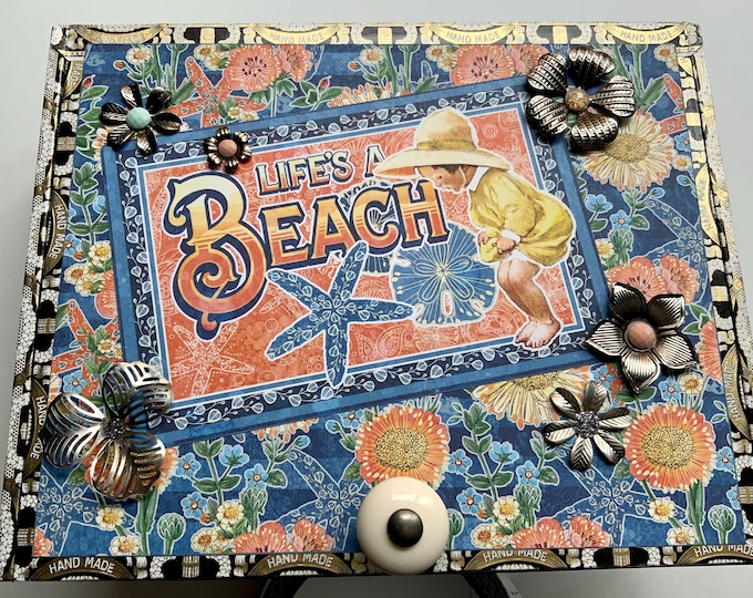Life’s a Beach Decorated Cigar Box – Coastal Memory Box with Vintage Nautical Kids, Flowers & Metal Accents – Handmade Gift