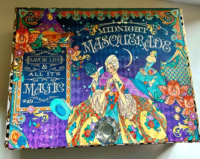 Midnight Masquerade Decorated Cigar Box – Altered Keepsake Box with Feathers & Carnival Style – Handmade Jewelry or Trinket Box