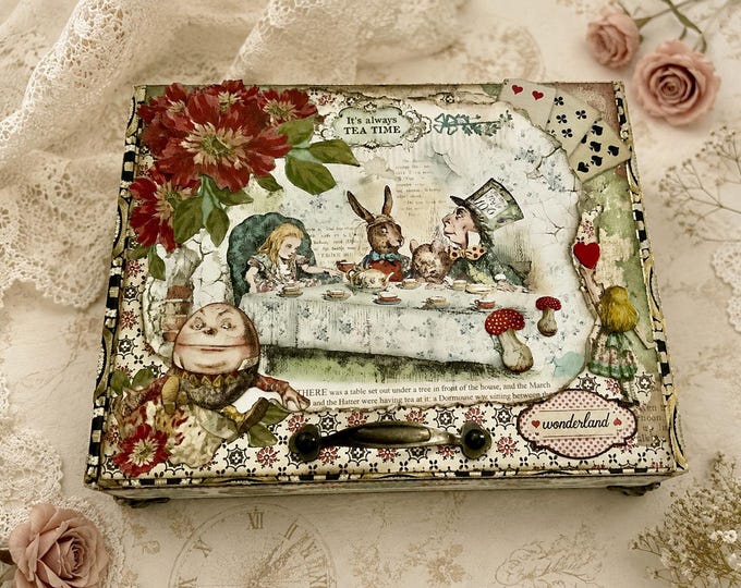 Alice in Wonderland Keepsake Box: Upcycled Tea Party Decor - Free Shipping in US
