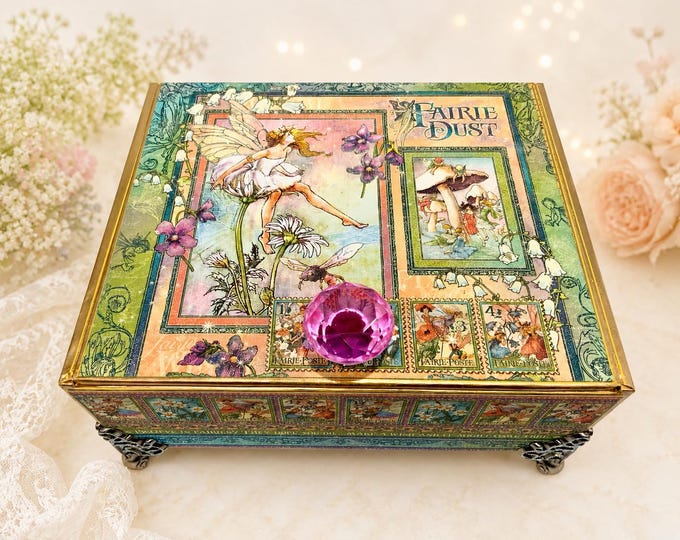 Fairy Keepsake Box – Graphic 45 Fairie Dust Decorated Cigar Box with Pink Knob & Metal Feet - Free Shipping in US