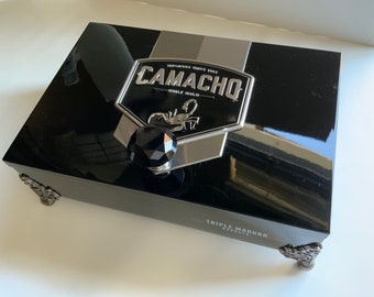 Stunning Altered Cigar Box~Repurposed Wooden Cigar Box~Upcycled Comacho Cigar Box~Black and Silver Desk Storage~Masculine Office Decor
