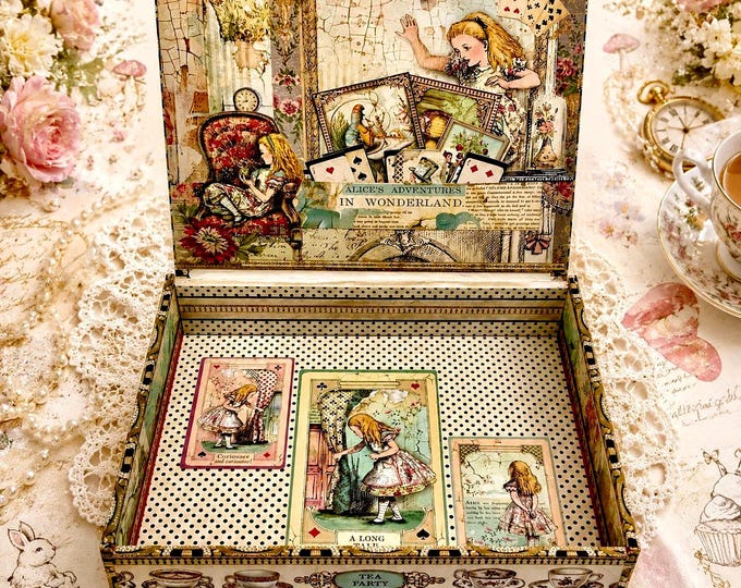 Lg Alice in Wonderland Tea Party Keepsake Box, Lg Handcrafted Memory Jewelry Storage (10x8x2)